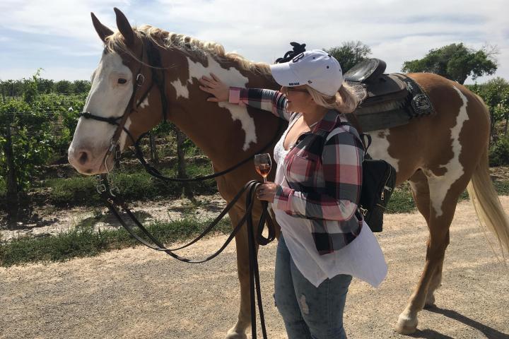 a person standing next to a horse