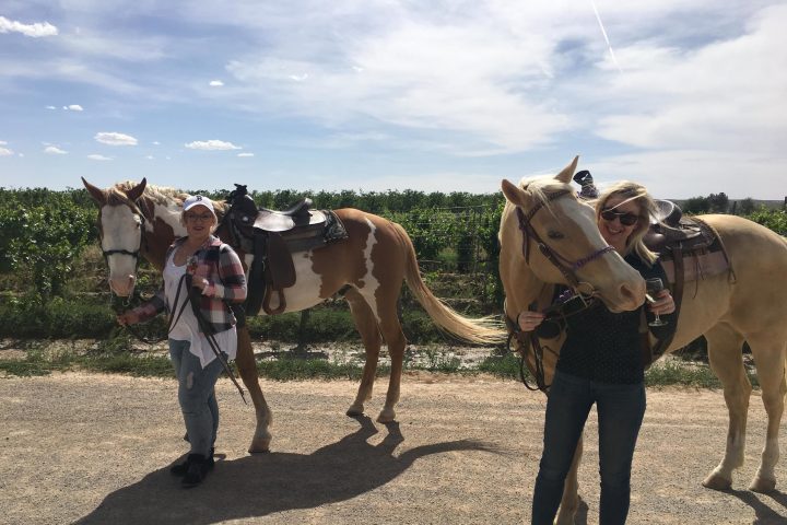 a group of people standing next to a horse